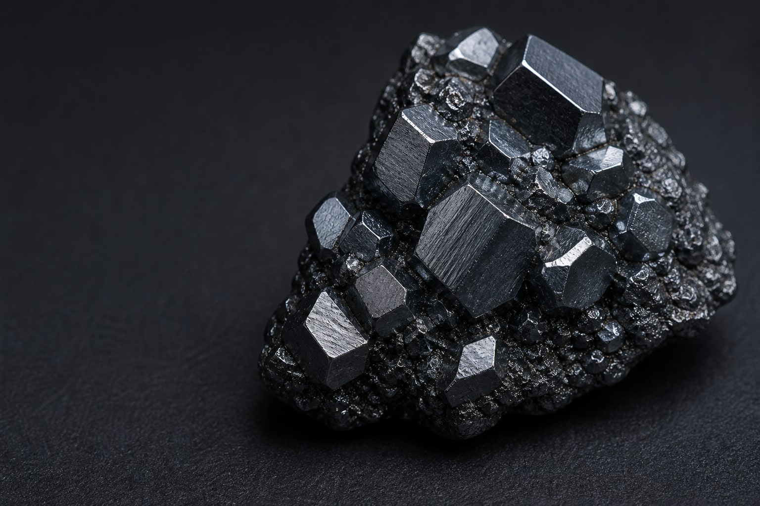 An editorial visualization of dark metallic crystals representing osmium